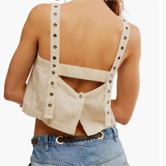 Free People Tank Crop Syd Grommet Linen Boho Natural Relaxed Back Snap Cream L - Picture 2 of 12